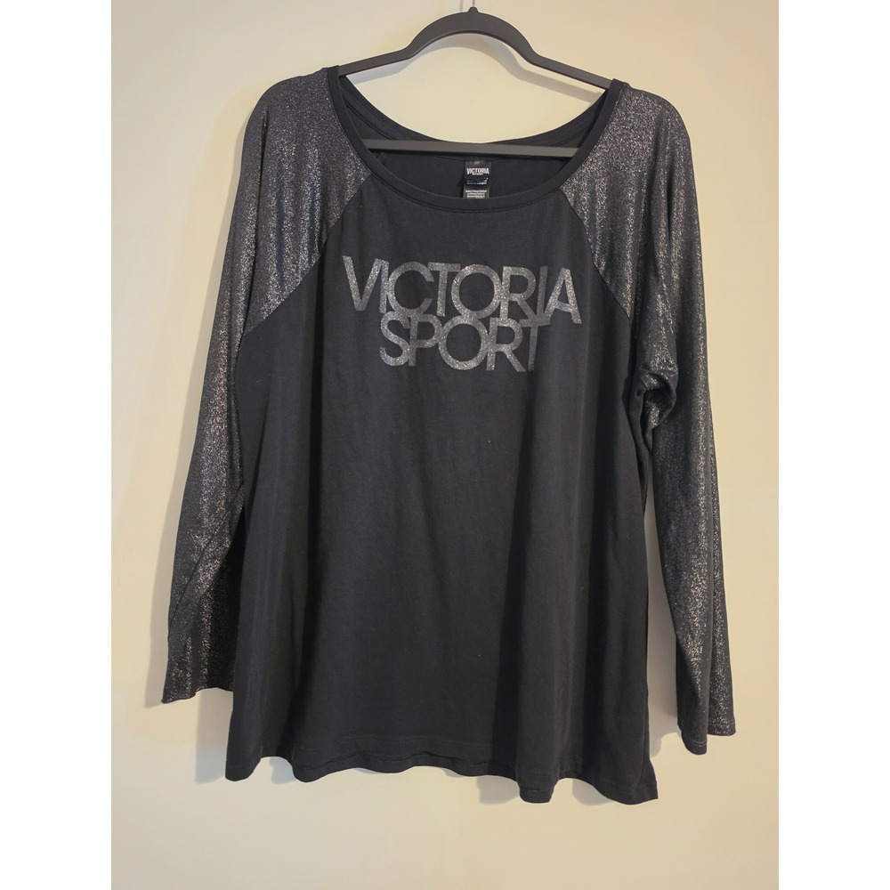 Victoria Sport T-Shirt Womens XL Black Cotton Metallic Raglan Long Sleeve Logo
